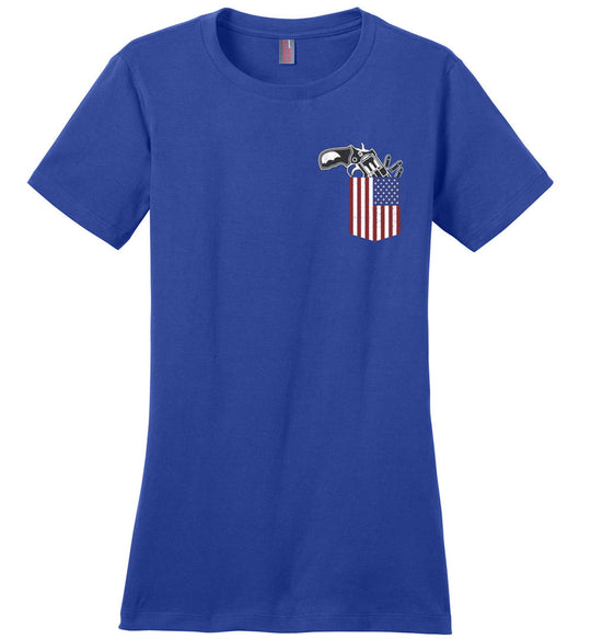 Gun in the Pocket, USA Flag-2nd Amendment Ladies T Shirts-Blue