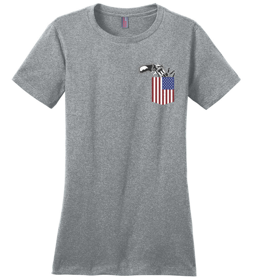 Gun in the Pocket, USA Flag-2nd Amendment Ladies T Shirts-Heathered Steel