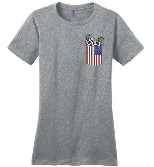 Pocket With Grenades Women's 2nd Amendment T-Shirt - Heathered Steel