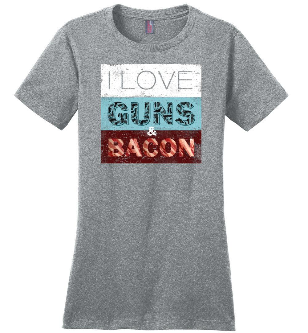 I Love Guns & Bacon - Women's Pro Firearms Apparel - Heathered Steel T-Shirt