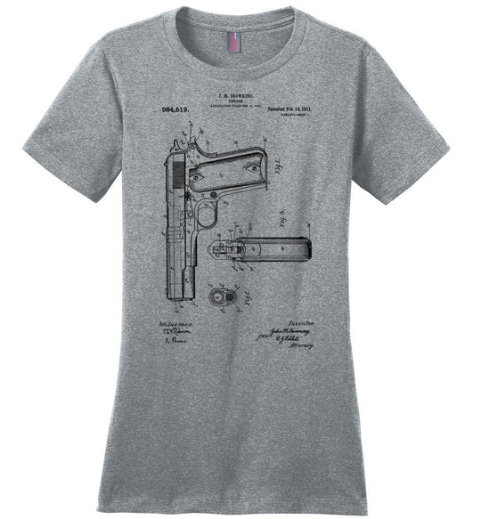 Colt Browning 1911 Handgun Patent Women's Tshirt - Heathered Steel