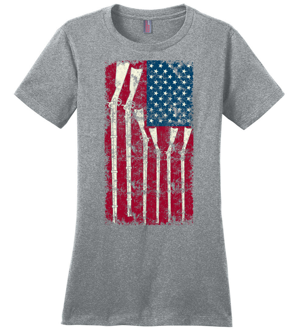 American Flag with Guns - 2nd Amendment Women's T Shirts - Heatherd Steel