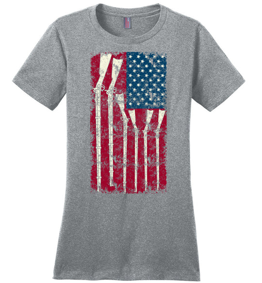 American Flag with Guns - 2nd Amendment Women's T Shirts - Heatherd Steel