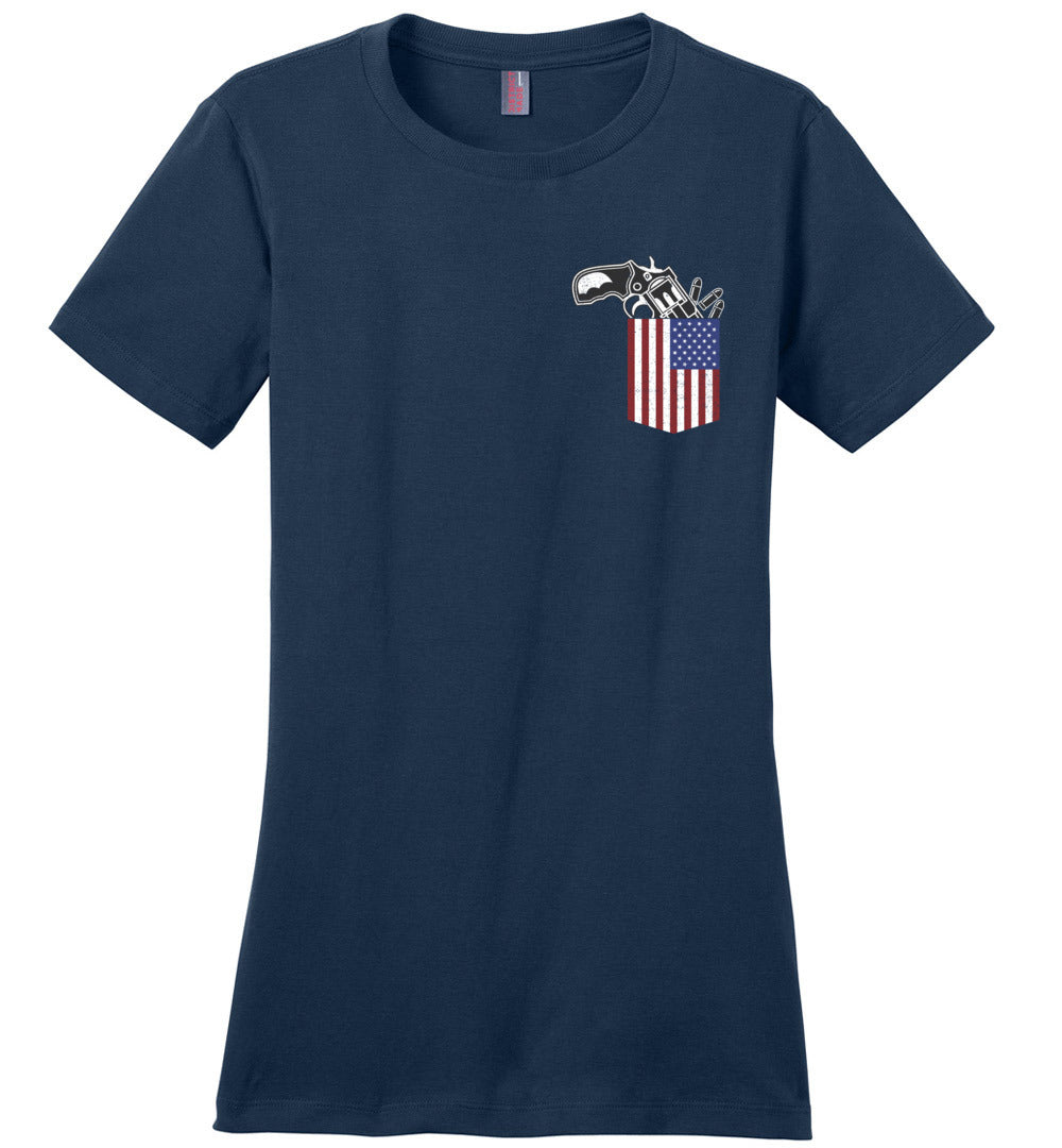 Gun in the Pocket, USA Flag-2nd Amendment Ladies T Shirts-Navy