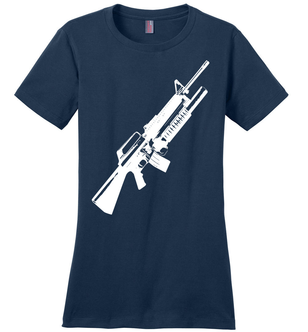 M16A2 Rifles with M203 Grenade Launcher - Pro Gun Tactical Ladies Tee - Navy