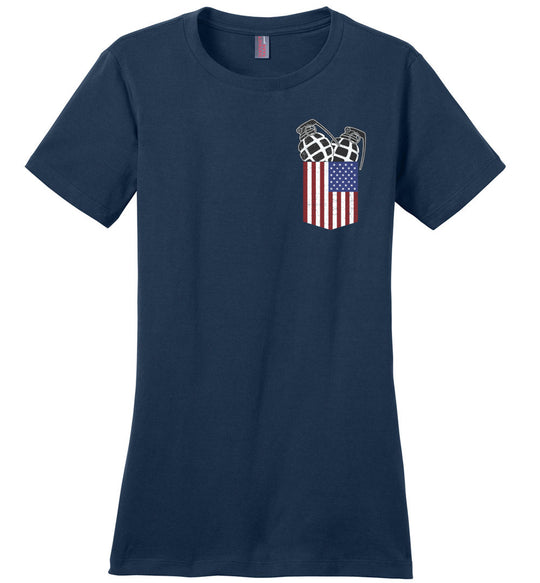 Pocket With Grenades Women's 2nd Amendment T-Shirt - Navy