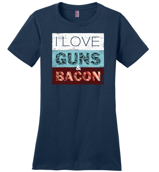 I Love Guns & Bacon - Women's Pro Firearms Apparel - Navy T-Shirt