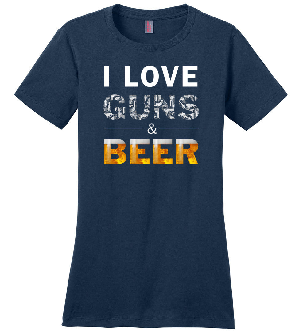 I Love Guns & Beer - Women's Pro Firearms Apparel - Navy T Shirts
