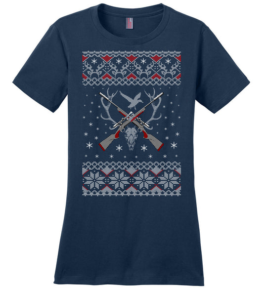 Hunting Ugly Christmas Sweater - Shooting Ladies T-Shirt - Navy