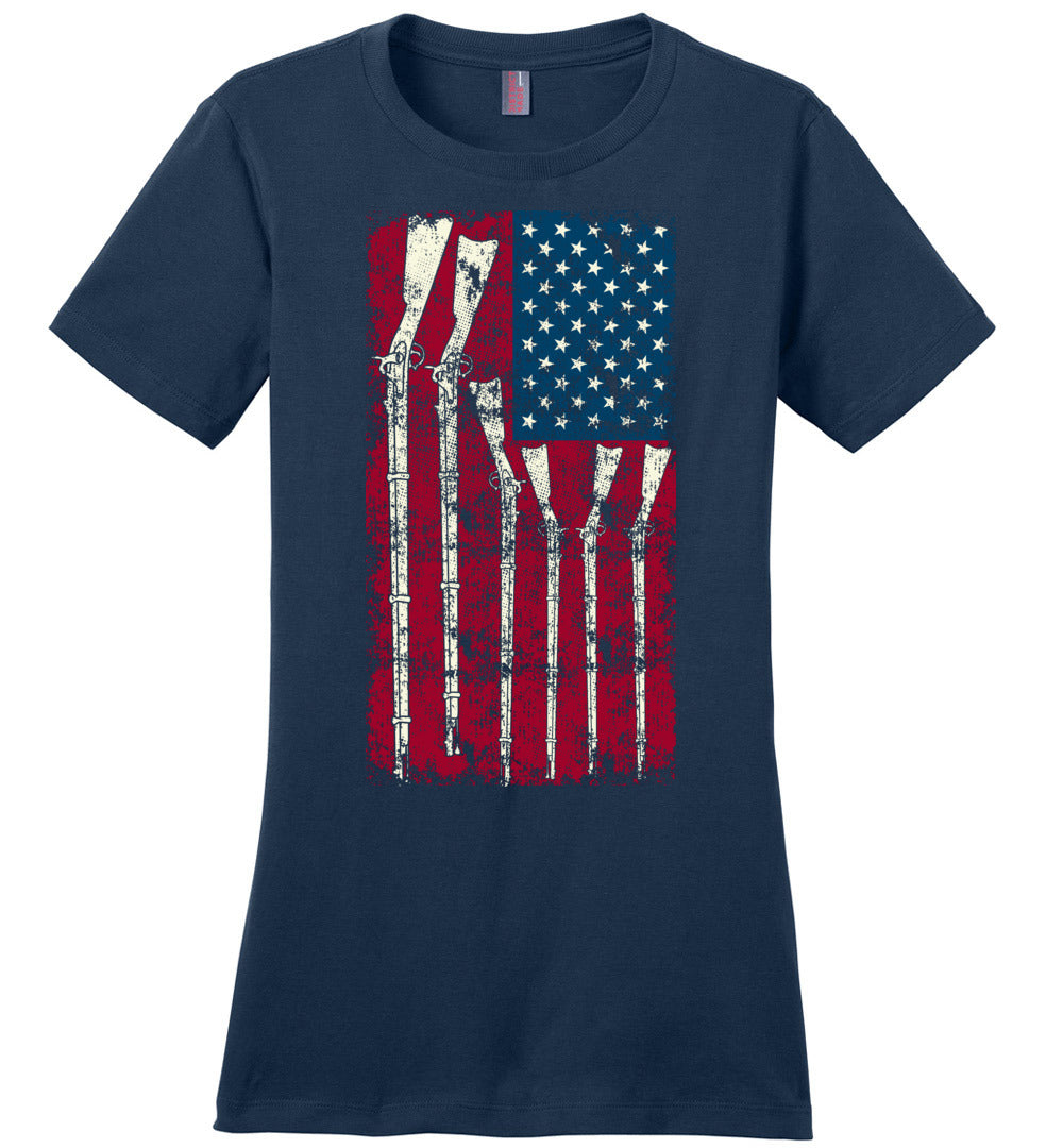 American Flag with Guns - 2nd Amendment Women's T Shirts - Navy
