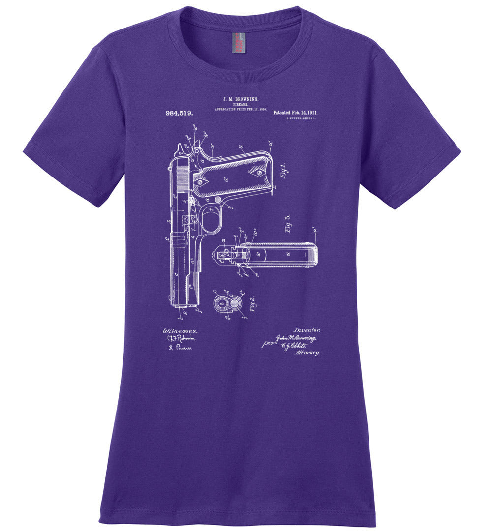 Colt Browning 1911 Handgun Patent Women's Tshirt - Purple