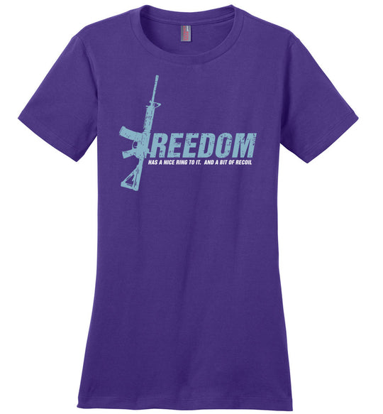 Freedom Has a Nice Ring to It. And a Bit of Recoil - Women's Pro Gun Clothing - Purple T Shirt