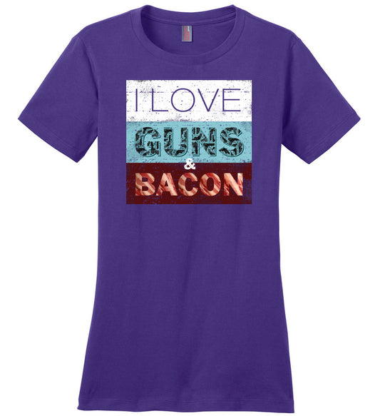 I Love Guns & Bacon - Women's Pro Firearms Apparel - Purple T-Shirt