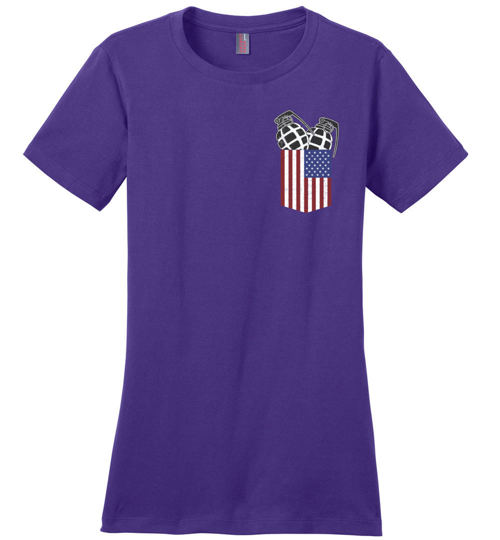 Pocket With Grenades Women's 2nd Amendment T-Shirt - Purple