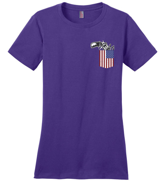 Gun in the Pocket, USA Flag-2nd Amendment Ladies T Shirts-Purple