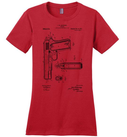 Colt Browning 1911 Handgun Patent Women's Tshirt - Red