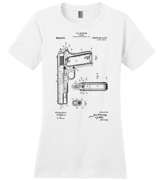 Colt Browning 1911 Handgun Patent Women's Tshirt - White
