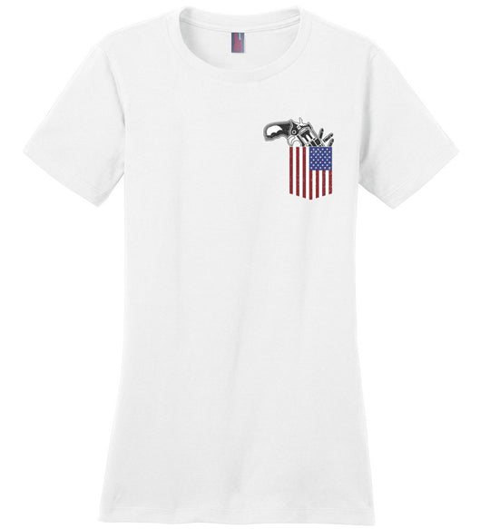 Gun in the Pocket, USA Flag-2nd Amendment Ladies T Shirts-White