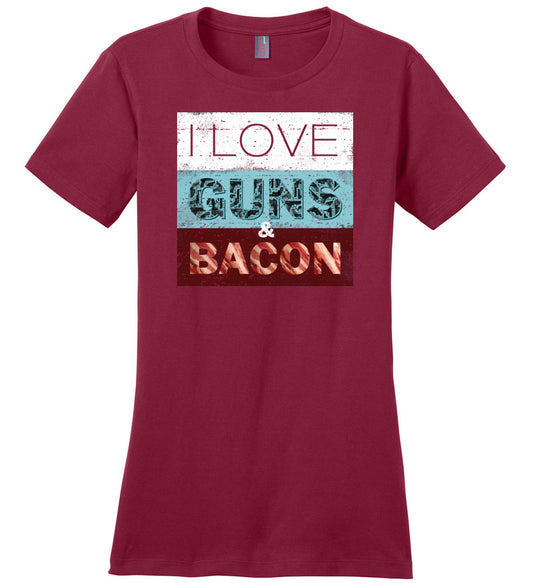 I Love Guns & Bacon - Women's Pro Firearms Apparel - Sangria T-Shirt