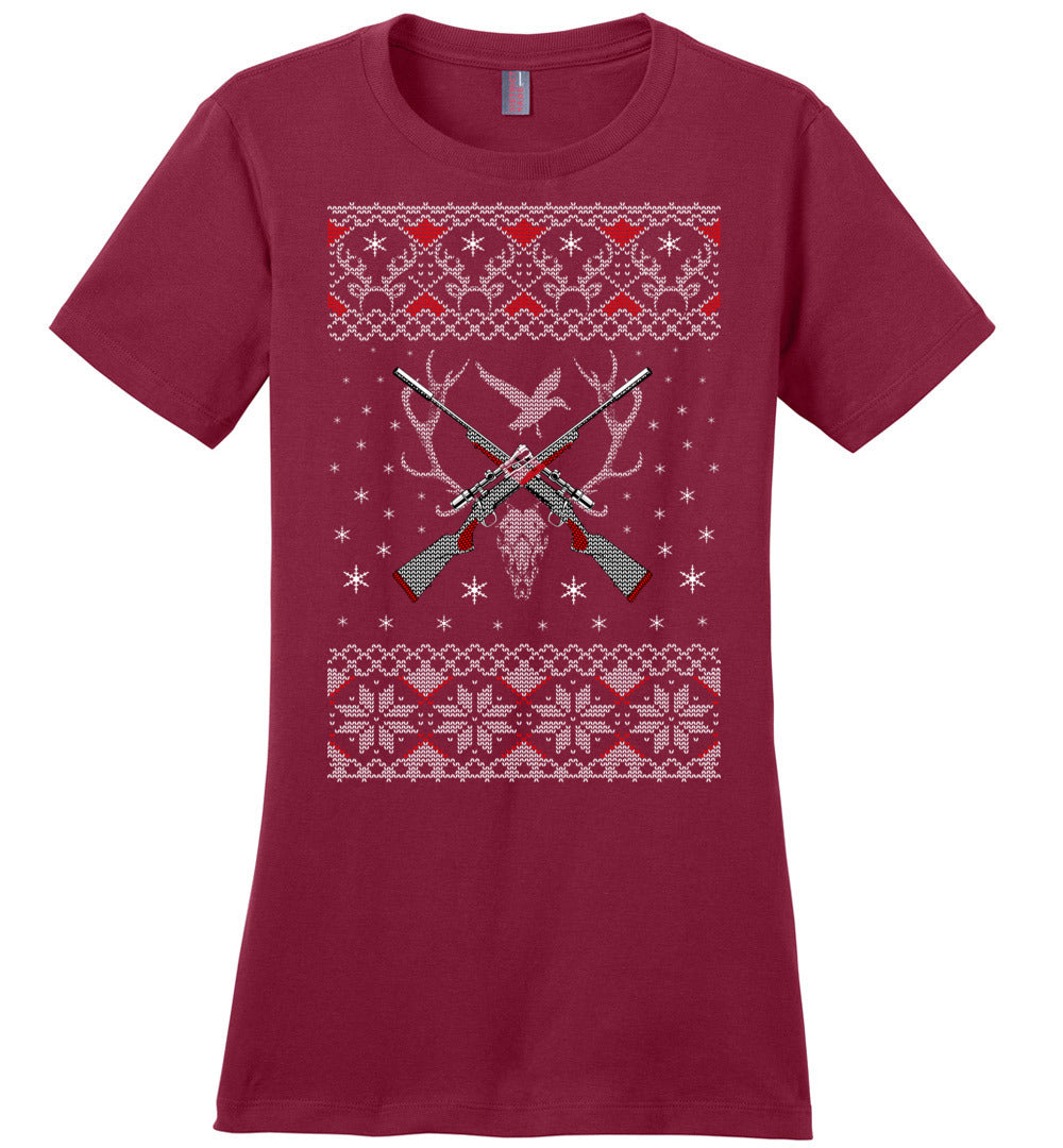 Hunting Ugly Christmas Sweater - Shooting Ladies T-Shirt - Red
