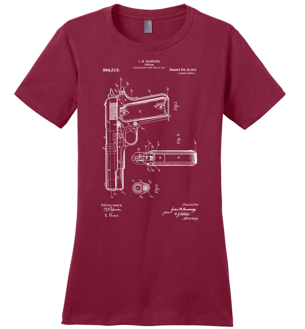 Colt Browning 1911 Handgun Patent Women's Tshirt - Sangria