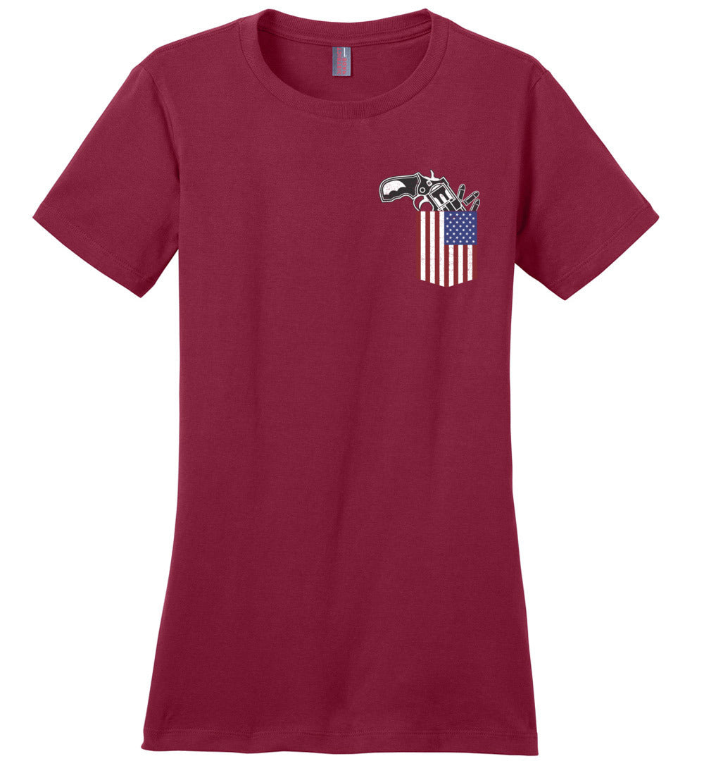 Gun in the Pocket, USA Flag-2nd Amendment Ladies T Shirts-Red