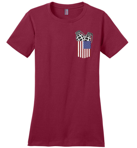 Pocket With Grenades Women's 2nd Amendment T-Shirt - Sangria