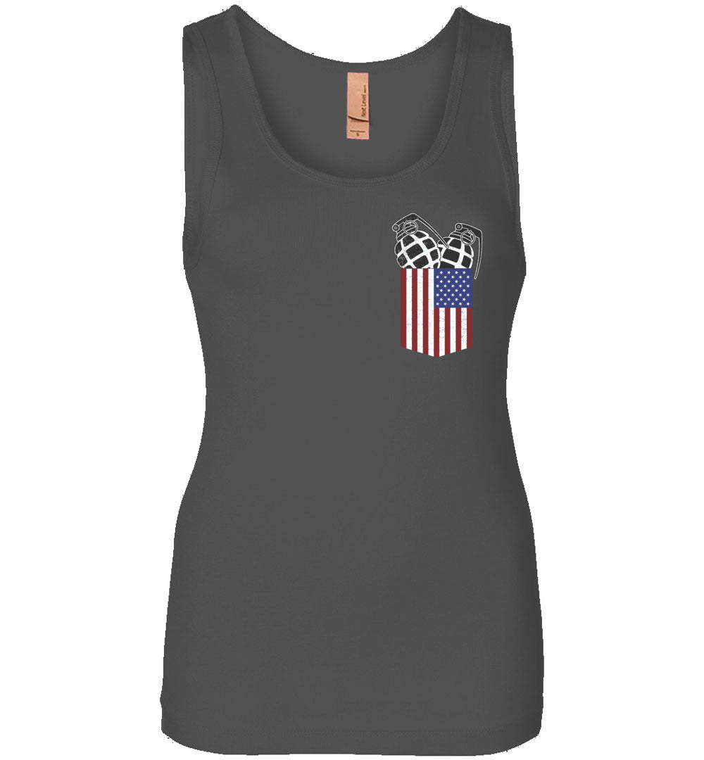Pocket With Grenades Women's 2nd Amendment Tank Top - Charcoal