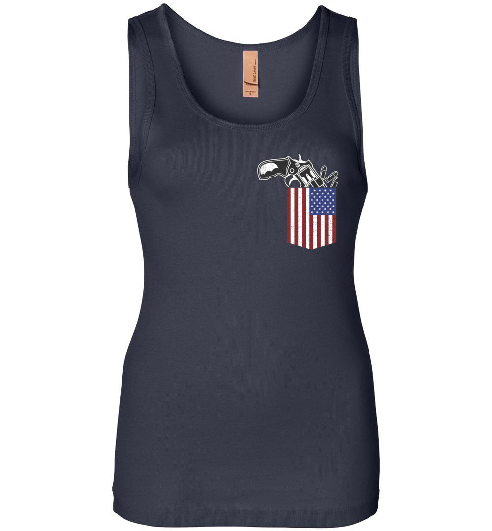 Gun in the Pocket, USA Flag-2nd Amendment Women's Tank Top-Navy