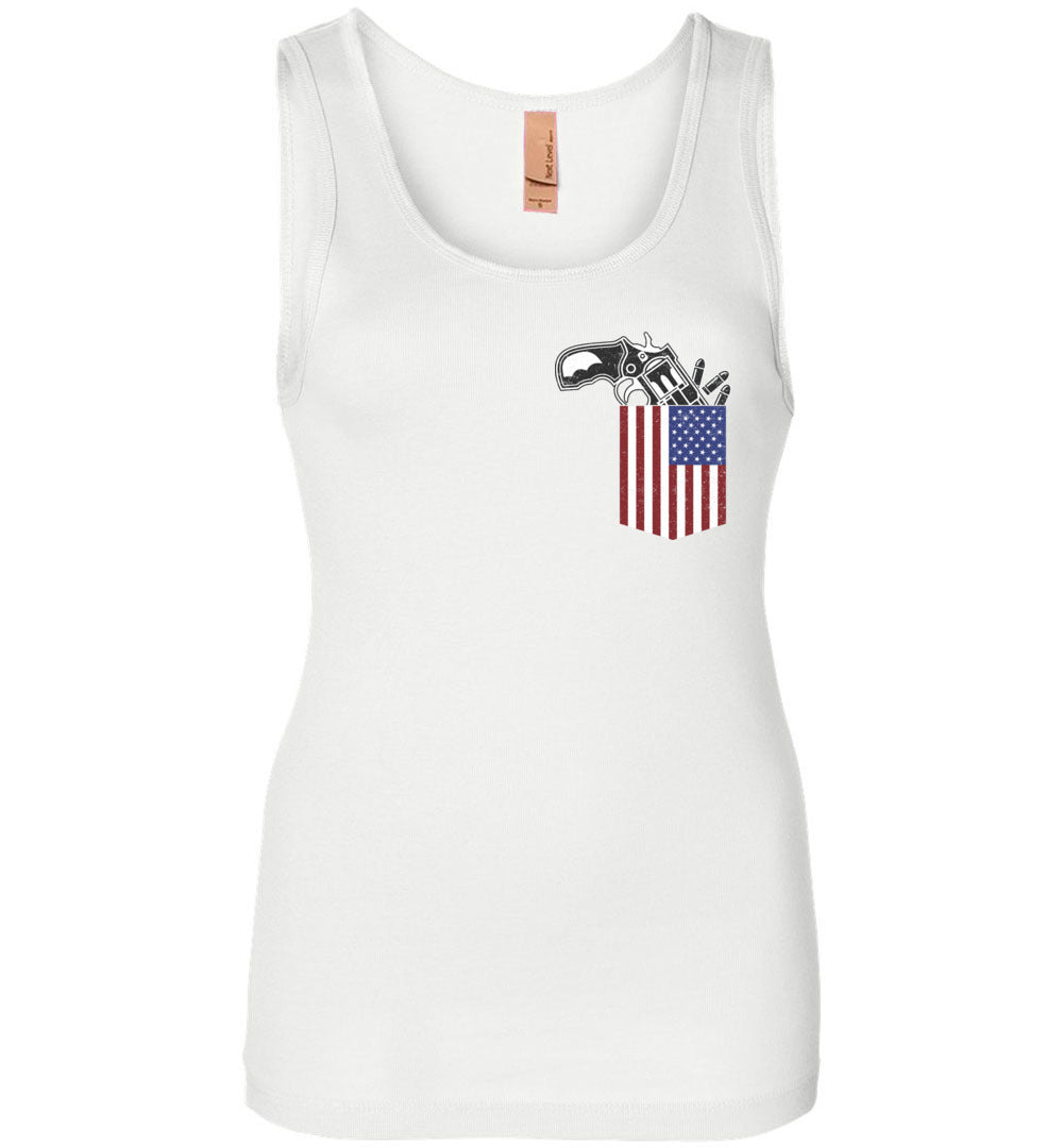 Gun in the Pocket, USA Flag-2nd Amendment Women's Tank Top-White