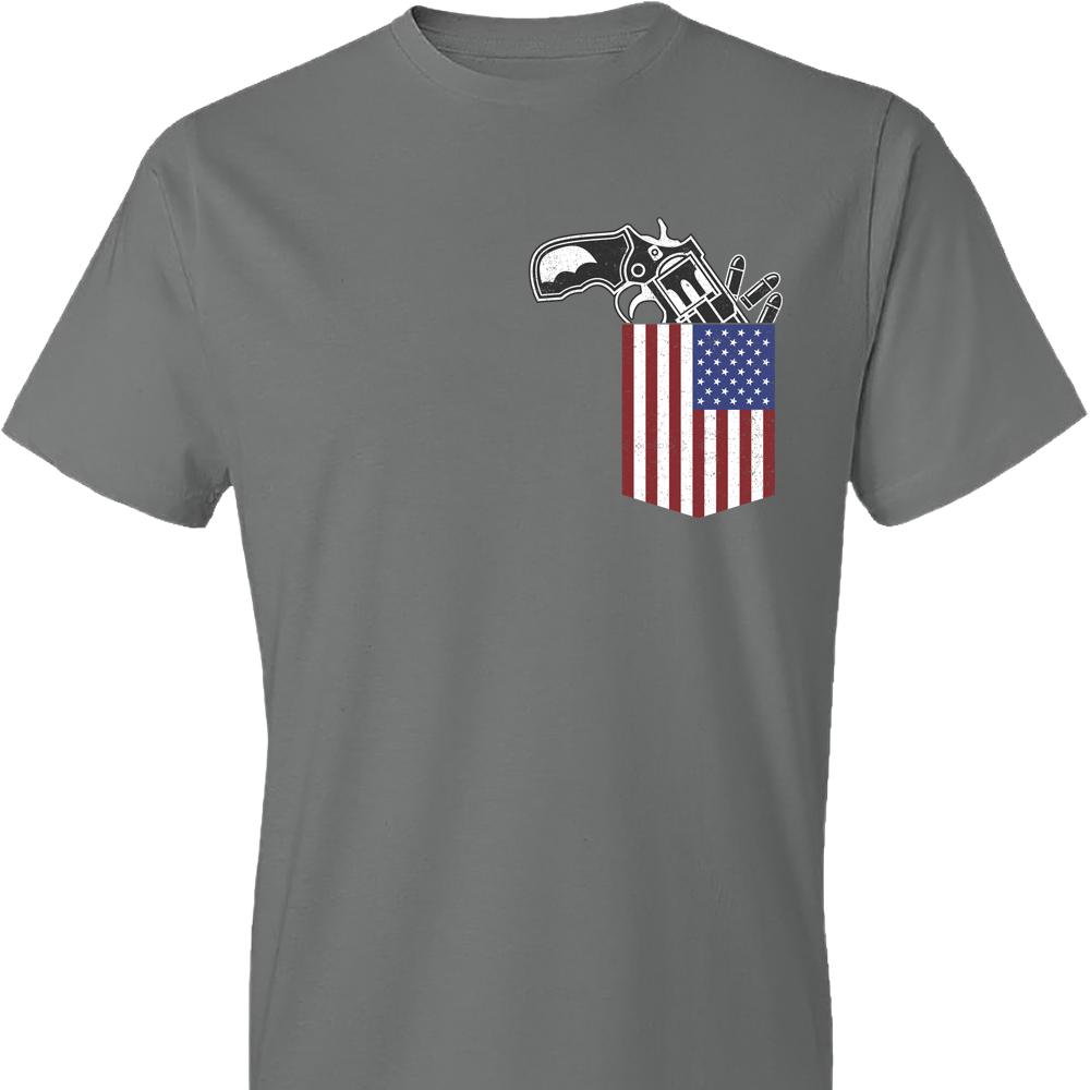 Gun in the Pocket, USA Flag-2nd Amendment Men's T Shirts-Grey