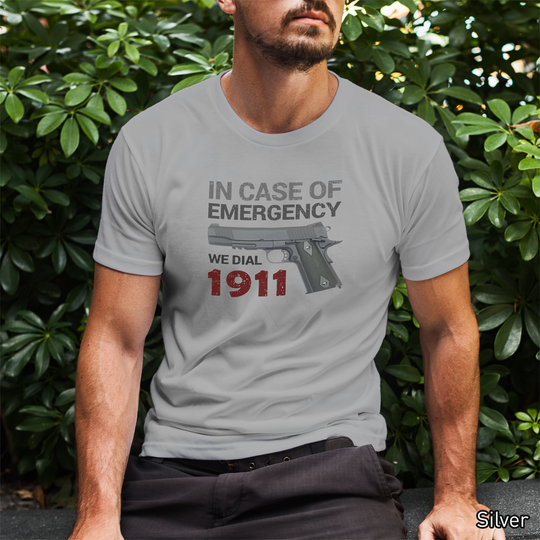 In Case of Emergency We Dial 1911 Pro Gun Men's T-Shirt - Silver